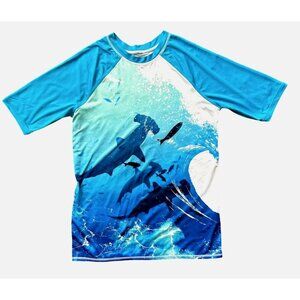 Lands End White Teal SS Rashguard Hammerhead Sharks Ocean Swim Size XL (14/16)